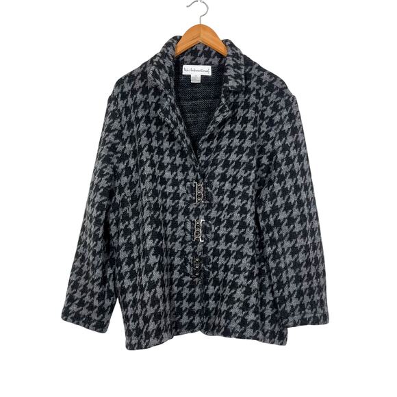 Wool Blend Vilxi International Women’s Cardigan Sz 2X Black Gray Houndstooth - Picture 1 of 8